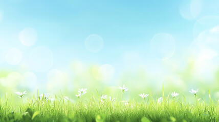 Obraz premium Bright spring day with blooming flowers and soft blue sky above green grass