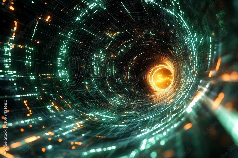 Poster a digital representation of a swirling vortex, suggesting concepts of space and time.