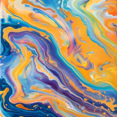 Abstract Fluid Art with Vibrant Swirls and Waves in Orange, Blue, and Yellow Tones, Creating a Dreamlike and Energetic Background for Creative Projects