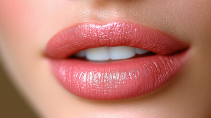 Fototapeta premium Close up of smooth, glossy lips showcasing natural pink hue, highlighting beauty and cosmetic enhancement