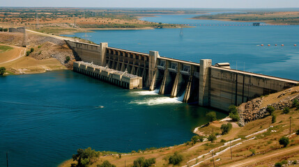 Obraz premium Hydroelectric dam generating renewable energy on a wide river in a rural landscape