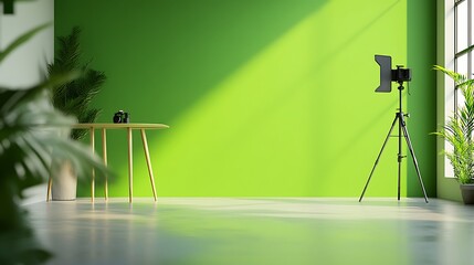 An empty studio room designed for live selling, featuring a large green screen covering one wall, professional camera equipment on tripods, and softbox lights illuminating the clean, modern space