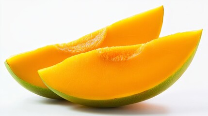 A juicy slice of mango with its vibrant orange flesh and sweet aroma, Each slice&rsquo;s rich color and subtle imperfections captured with precision