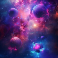 Vast Cosmic Landscape with Vibrant Nebulae and Celestial Bodies Embracing the Depths of Space, Featuring Diverse Planets and Ethereal Clouds of Gas and Dust