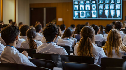 A Group of Medical Students Attending a Lecture on Imaging Techniques in a Modern Classroom with Projected Medical Images on Display