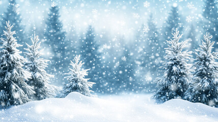 Snowfall gently covering a serene winter landscape with evergreen trees in a forest