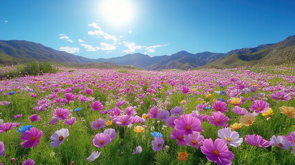 Obraz premium vibrant field of cosmos flowers under bright sun, showcasing stunning landscape filled with colorful blooms and mountains in background
