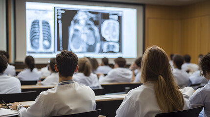 Medical students attending a lecture on radiology with x-ray images projected on large screen in modern classroom setting