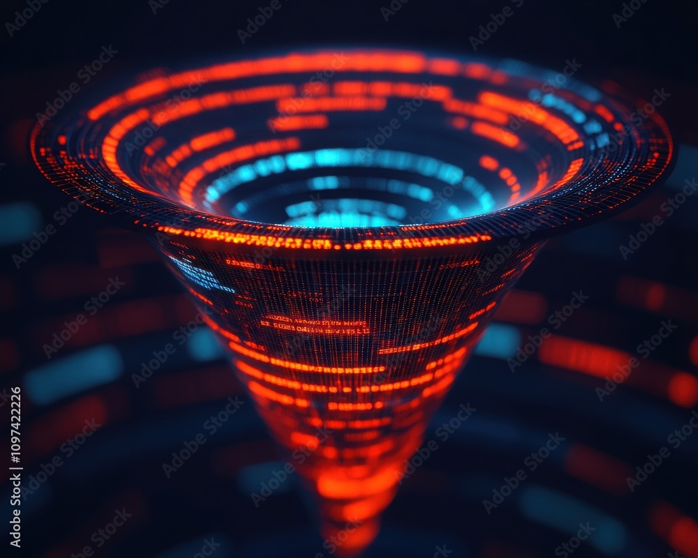 Poster a vibrant, futuristic digital vortex with glowing red and blue lines, symbolizing advanced technolog
