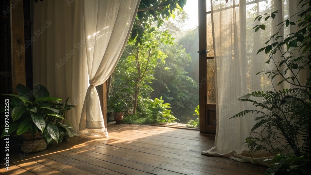 Aufkleber sunlight filters through curtains creating dappled patterns on the warm wooden floor. the inviting a