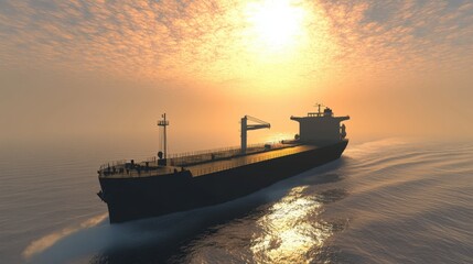 Large cargo ship navigating through calm waters during sunset, with a golden sun reflecting on the serene ocean surface creating a peaceful maritime landscape.