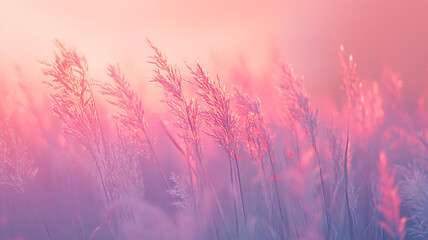 Soft pink hues illuminate grass at dawn creating a serene natural landscape view