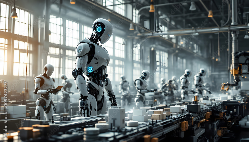 Aufkleber industrial automation with robots in high-tech assembly line, future technology