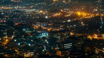 Fototapeta premium Urban cityscape at night showcasing illuminated streets and buildings with vibrant lighting