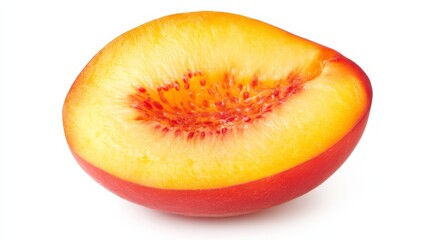 A juicy slice of nectarine with its vibrant orange flesh and smooth skin, Each slice&rsquo;s rich color and subtle imperfections captured with precision