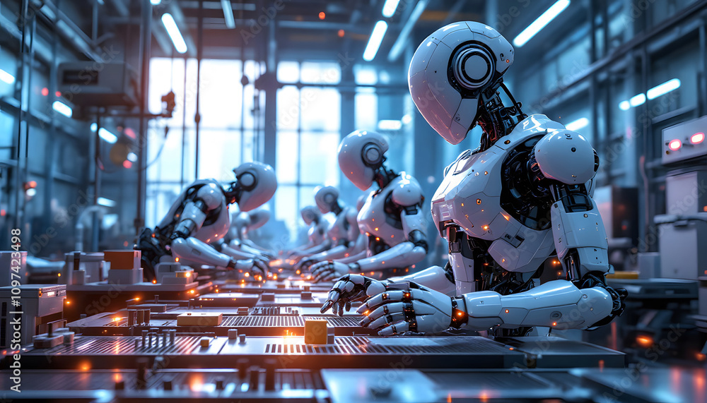 Aufkleber industrial automation with robots in high-tech assembly line, future technology