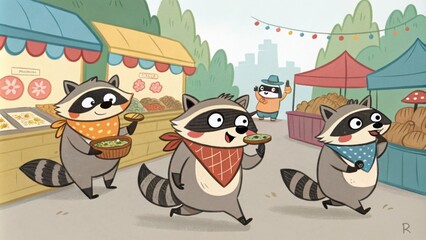 A fun group of racthemed buddies each with mischievous masks and stylish bandit scarves scavenging for treats at a food market.