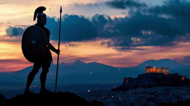 landscape of the silhouette of a party carrying a spear and shield on a hill at night. Virtual 4K video animation background with looping time lapse with very smooth graphics.