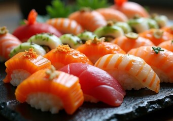 Fresh sushi assortment displayed on a black stone plate with vibrant colors and textures