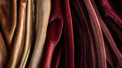 Obraz premium Close-up of luxurious velvet fabric in various shades of red, brown, and beige.
