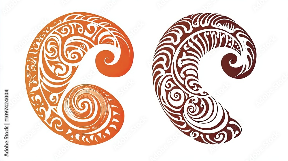 Poster two abstract designs with intricate swirls and shapes
