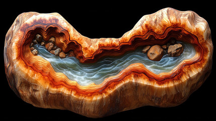 Obraz premium stunning piece of natural art featuring layered agate stone with vibrant orange and brown hues, showcasing flowing river like pattern with smooth stones