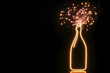 An eye-catching depiction of a champagne bottle popping with confetti in neon hues, isolated on a black backdrop --ar 3:2 --s 50