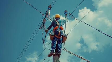 Lineman repairing electrical wiring on a power pole under a sunny sky
