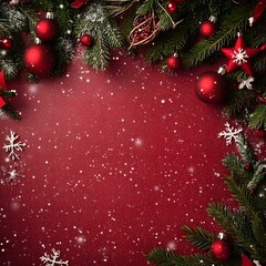Red Christmas background with ornaments and snow.