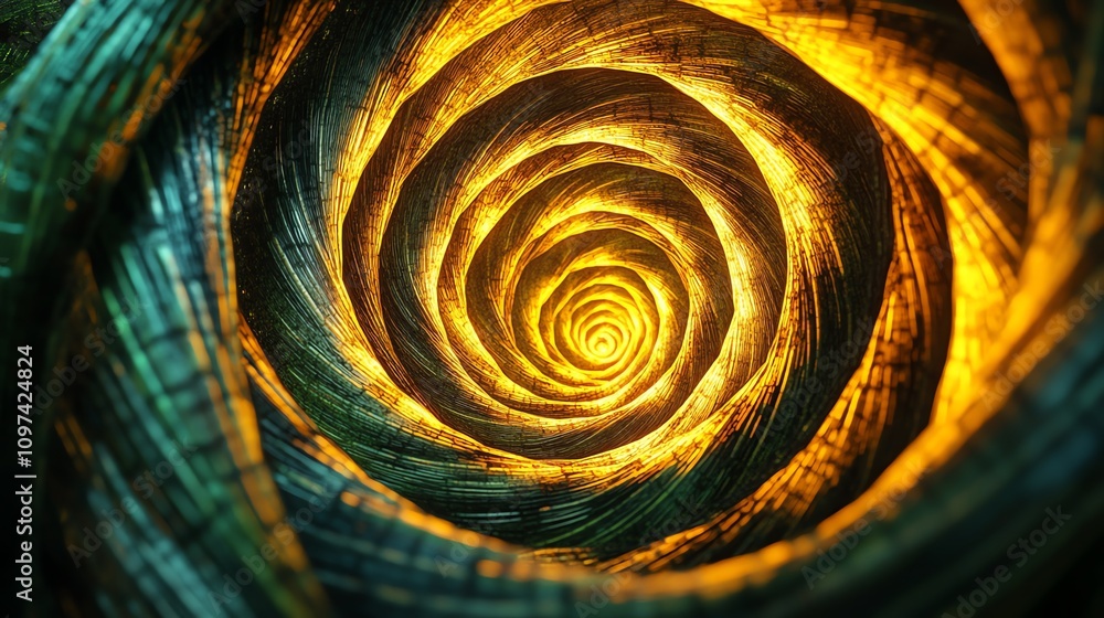 Poster a mesmerizing spiral of light and texture, evoking a sense of depth and wonder.