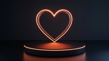 Podium with heart shaped neon light glowing in dark theme for valentine product