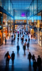 Busy modern shopping mall interior with blurred shoppers.
