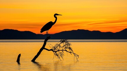 Silhouette of a heron perched on a branch at sunset.
