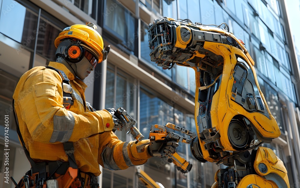 Poster a worker interacts with a robotic assistant in an industrial setting.