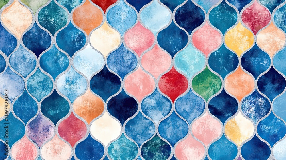 Poster watercolor abstract pattern of interlocking teardrop shapes in various colors