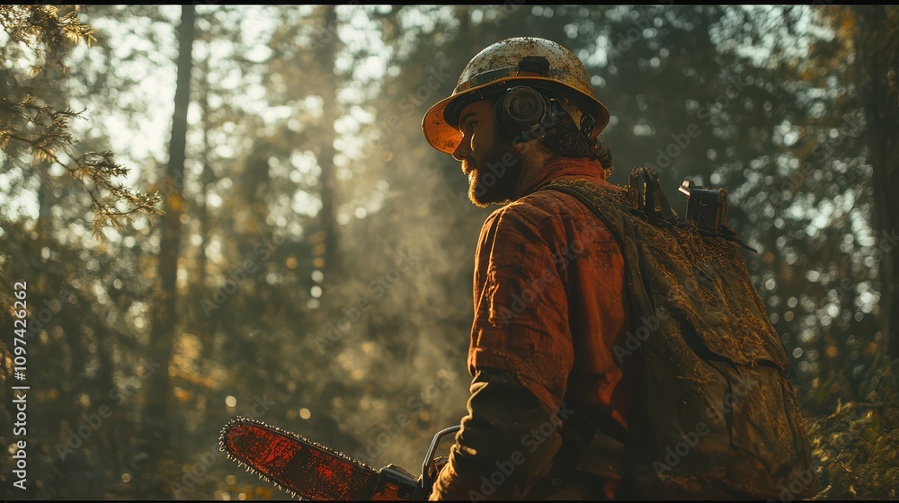 Poster a rugged lumberjack in a dense forest prepares to fell trees with a chainsaw, showcasing the connect