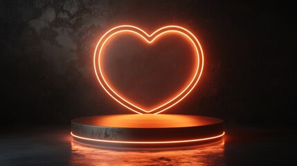 Podium with heart shaped neon light glowing in dark theme for valentine product