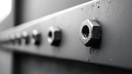 Close-up of nuts and bolts on a metal beam.