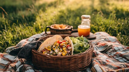 Deliciously Crafted Tacos with Fresh Vegetables and Refreshing Beverage on a Picnic Blanket Surrounded by Nature in Warm Evening Light