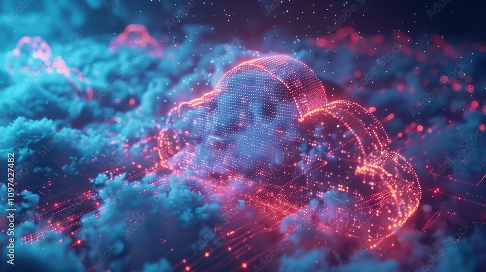 Poster glowing cloud computing network symbol.