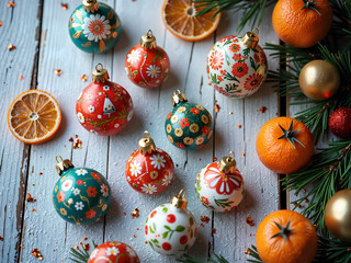 Colorful ornaments and citrus fruits creating a festive holiday atmosphere, photography of still life concept.