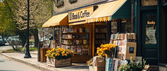 Charming bookstore and coffee shop on a sunny street.