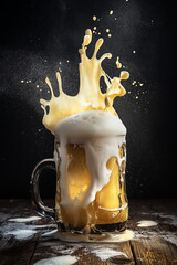 A glass mug of beer with a splash of foam and liquid against a dark background
