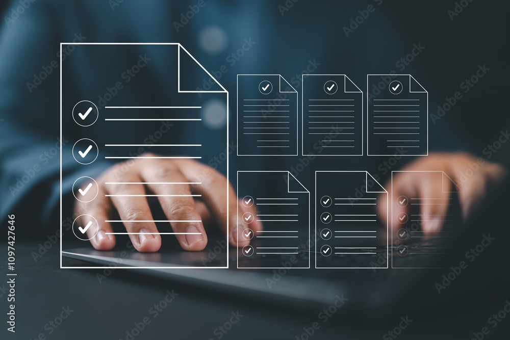 Poster Online survey and digital form checklist by laptop computer, Document Management Checking System, process manage files and online documentation database