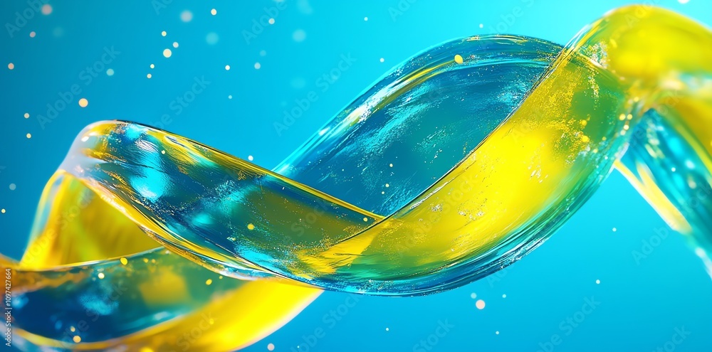 Poster abstract image of twisting, colorful liquid forms against a bright background.