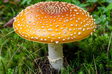 Vibrant Orange Mushroom with White Spots Growing Amidst Lush Green Foliage in a Forest Clearing, Captured in Stunning Detail and Rich Colors