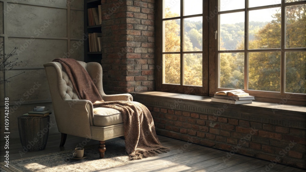 Poster the cozy reading nook features a plush armchair draped with a soft throw positioned perfectly beside