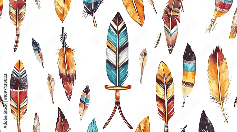 Poster A Seamless Pattern of Colorful Feathers on a White Background