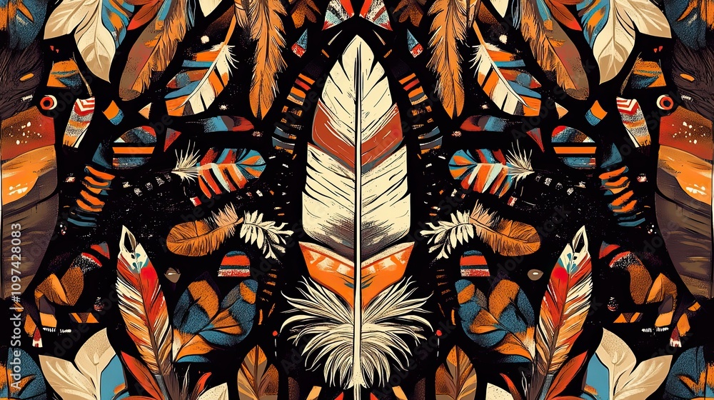 Poster abstract art with symmetrical pattern of colorful feathers