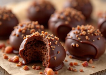 Chocolate truffles topped with crushed nuts served on a wooden table
